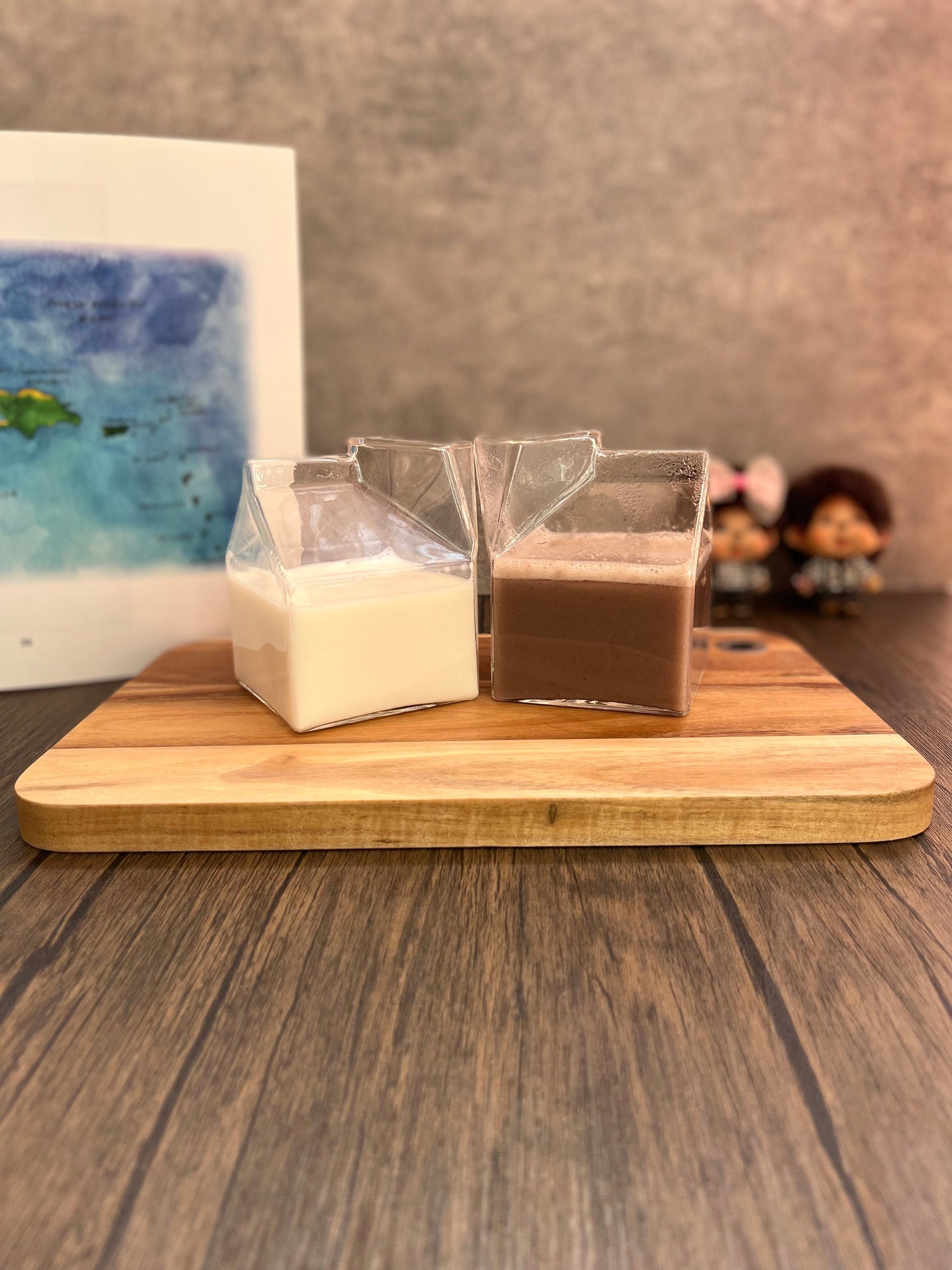 Clear milk carton glass cup 350ml filled with milk on wooden table – borosilicate drinkware