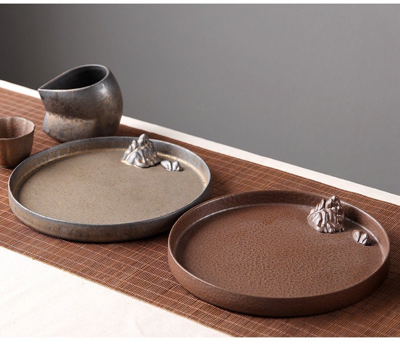 Side view of handcrafted Zen-style tea tray paired with Japanese teacups, by Home Relax Studio.