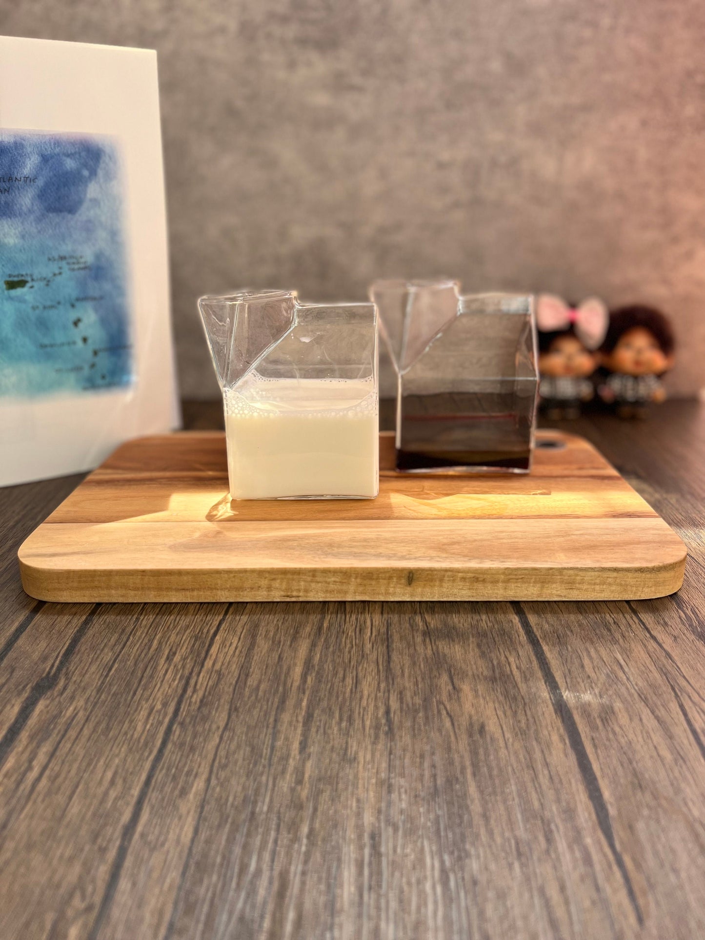 Pair of milk carton shaped glass jars 350ml and 400ml for milk, juice, or water