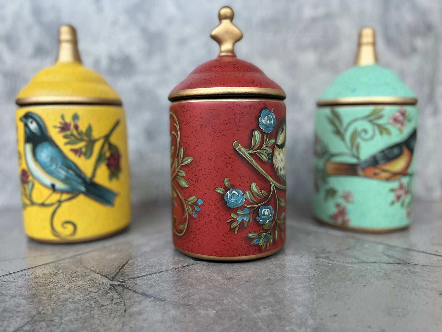 Retro style bird ceramic jars in assorted colors for tea, sugar, and spice storage