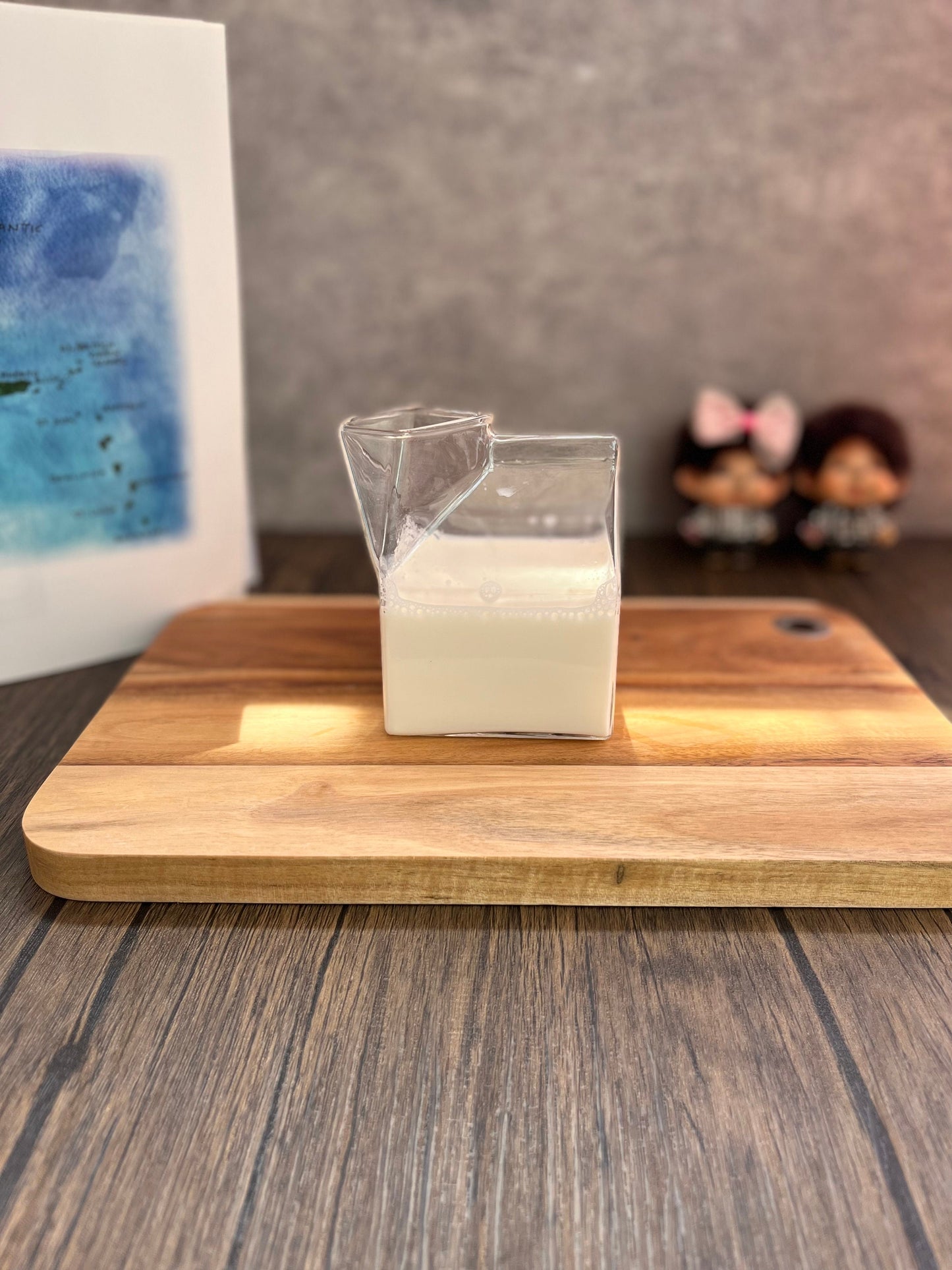 Transparent milk carton glass cups in 12oz and 14oz sizes, dishwasher safe