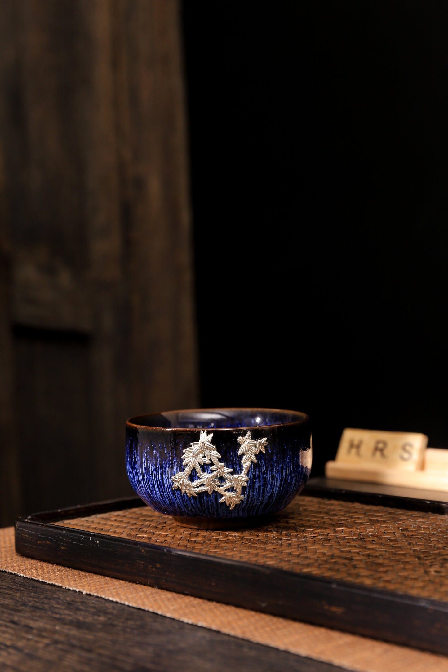 Artisan Jian Zhan tea cup with maple leaf pattern on bamboo tray, luxury ceramic tea gift set_by Home Relax Studio