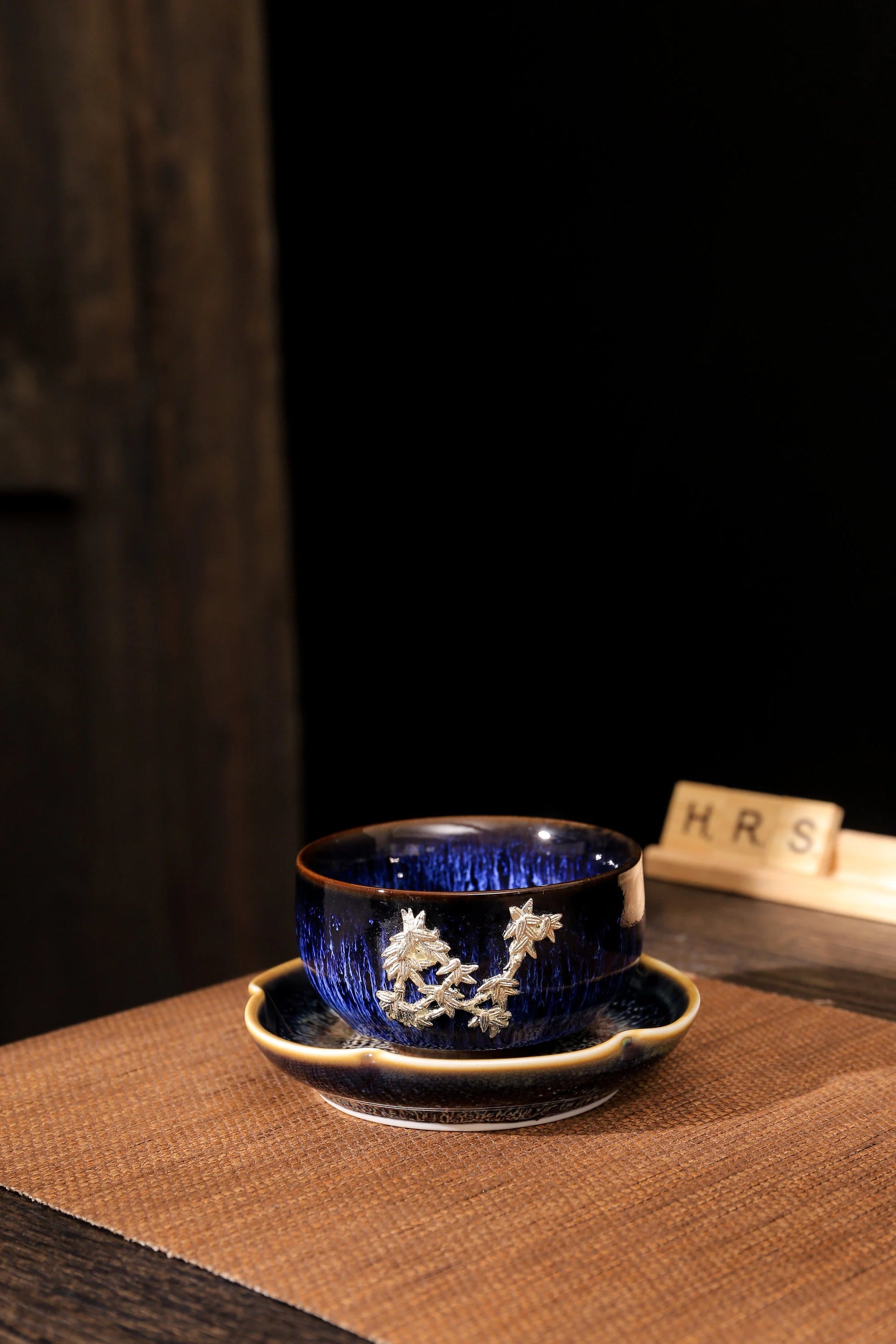 Blue Jian Zhan tea cup and decorative plate set beside luxury gift box – perfect ceramic tea cup gift set for Zen tea rituals_from Home Relax Studio
