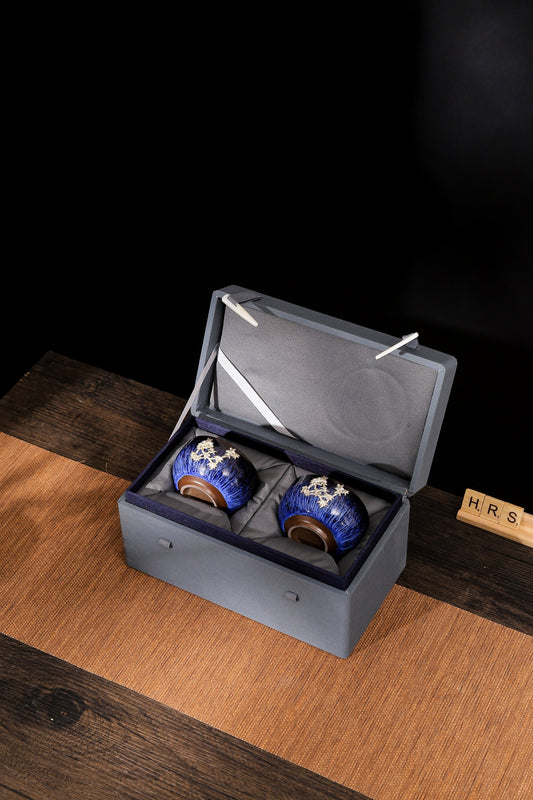 Ceramic Jian Zhan tea cup gift set, boxed pair with silver leaf design for Japanese tea ceremony