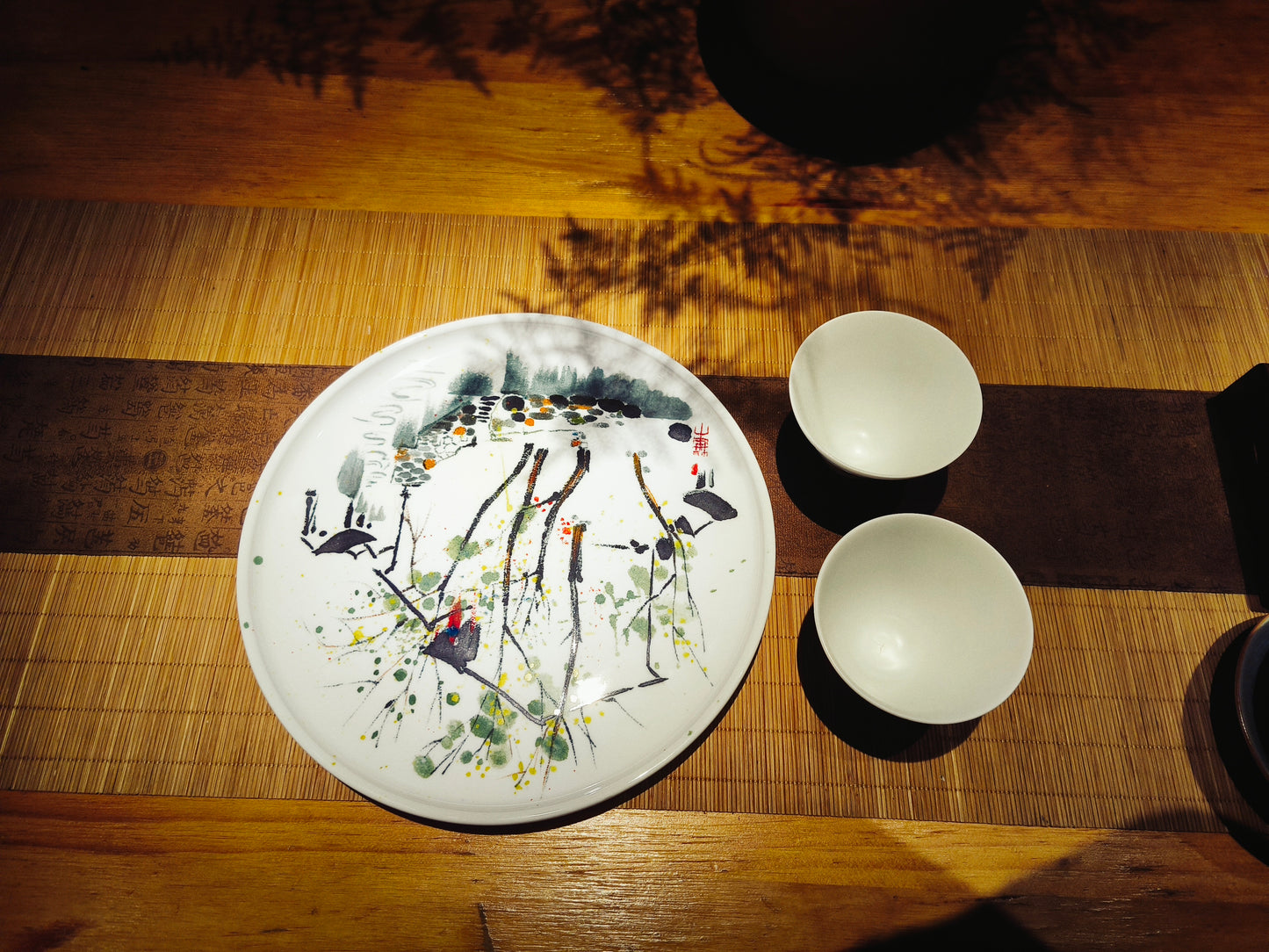 Full three-piece sunflower ceramic tea set with plate and two matching cups
