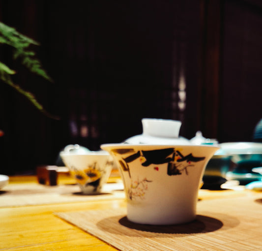 Hand-painted gaiwan with abstract Chinese brushwork inspired by Wu Guanzhong