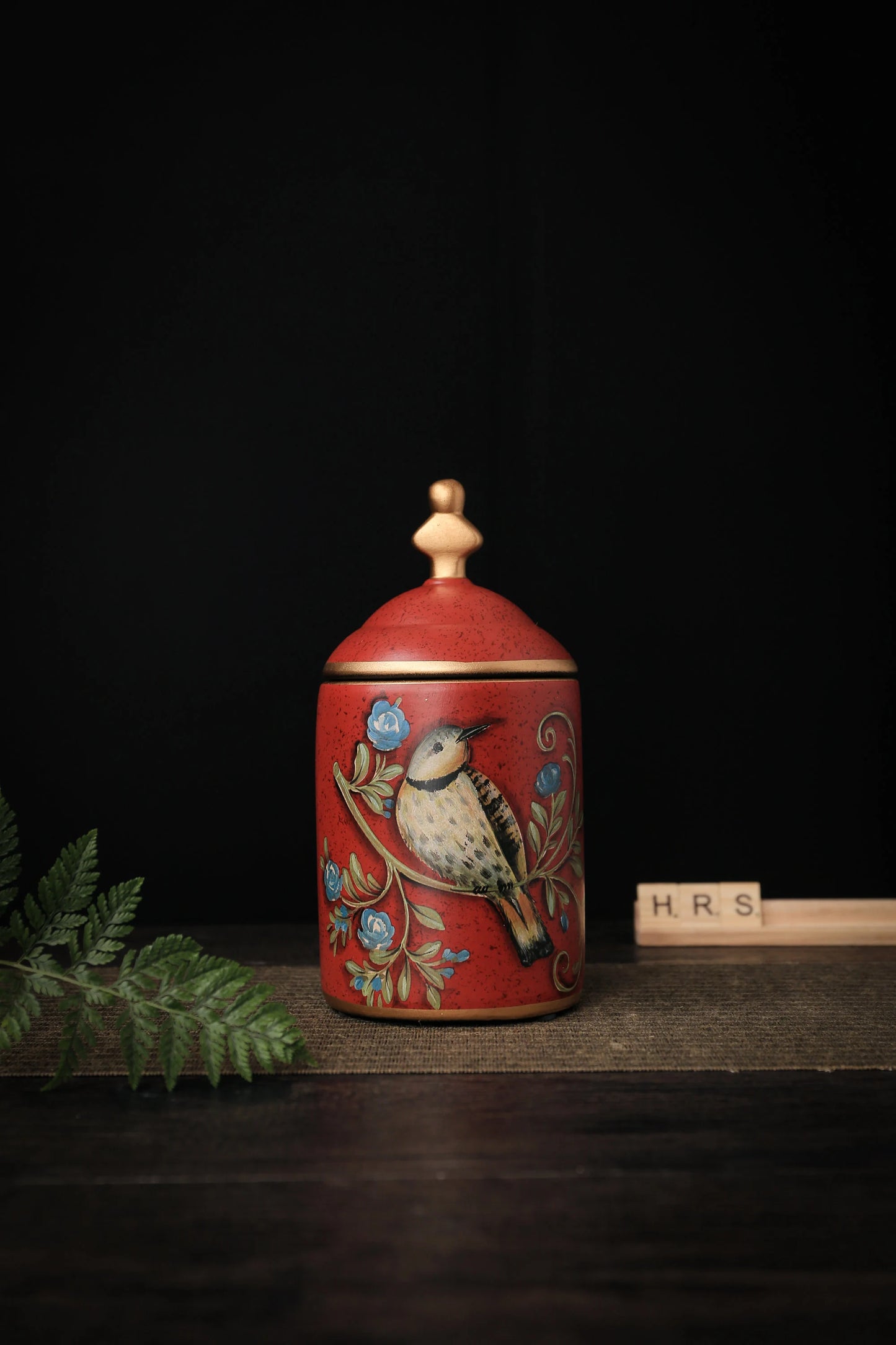 Hand-painted red ceramic jar with bird and floral details for coffee or sugar_red version
