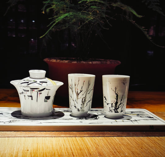 Hand-painted underglaze gaiwan and 2 matching cups with tray; the set is inspired by Wu Guanzhong's abstract Chinese art