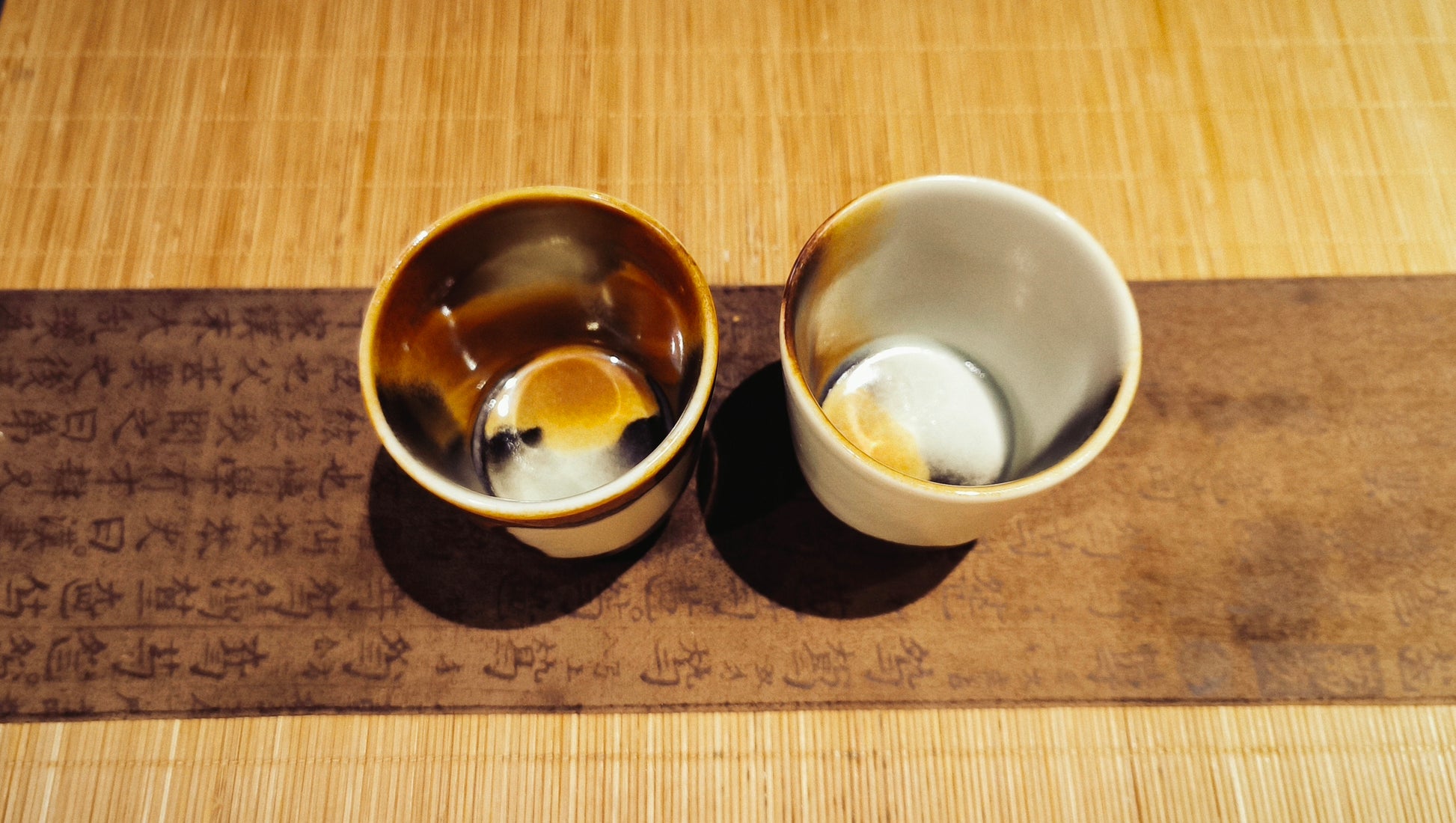 Top view of vintage ceramic tea set with teapot and cups