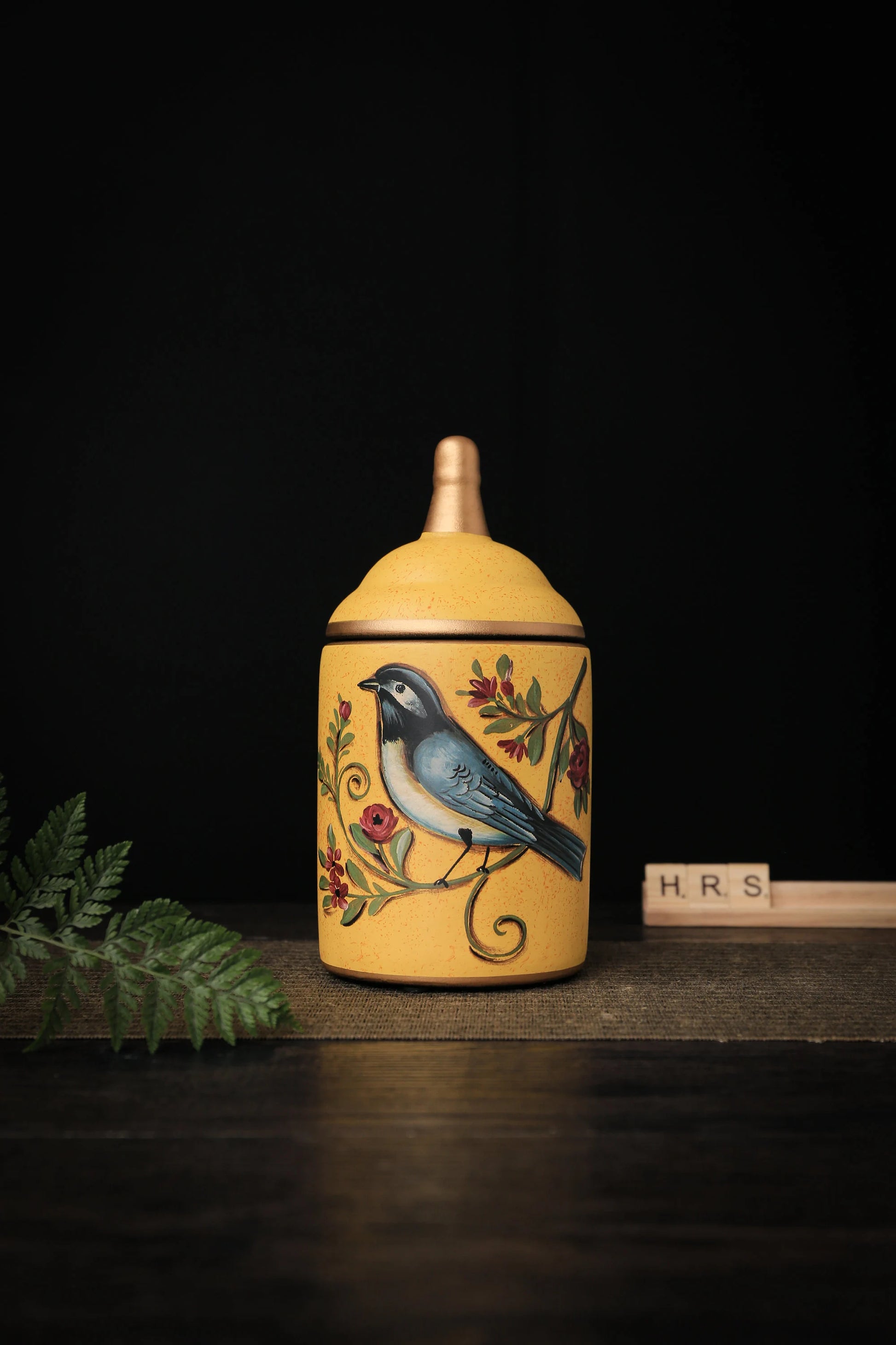 Vintage ceramic jar with lid, blue bird motif for tea or spice storage_yellow version