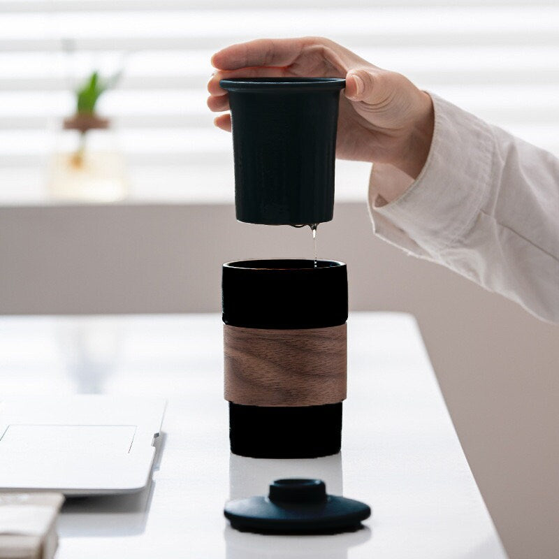 Black ceramic tea cup with filter and lid, ideal for travel or office use