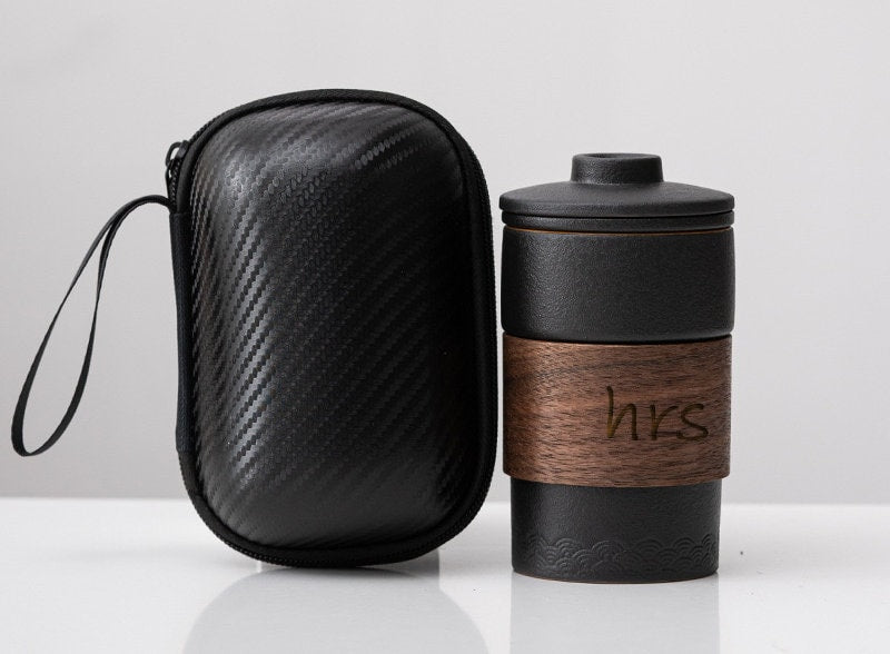 Ceramic travel tea set with wood ring and protective bag_Compact teaware set in carry case, perfect for business gifts and tea lovers_wood sleeve customizable
