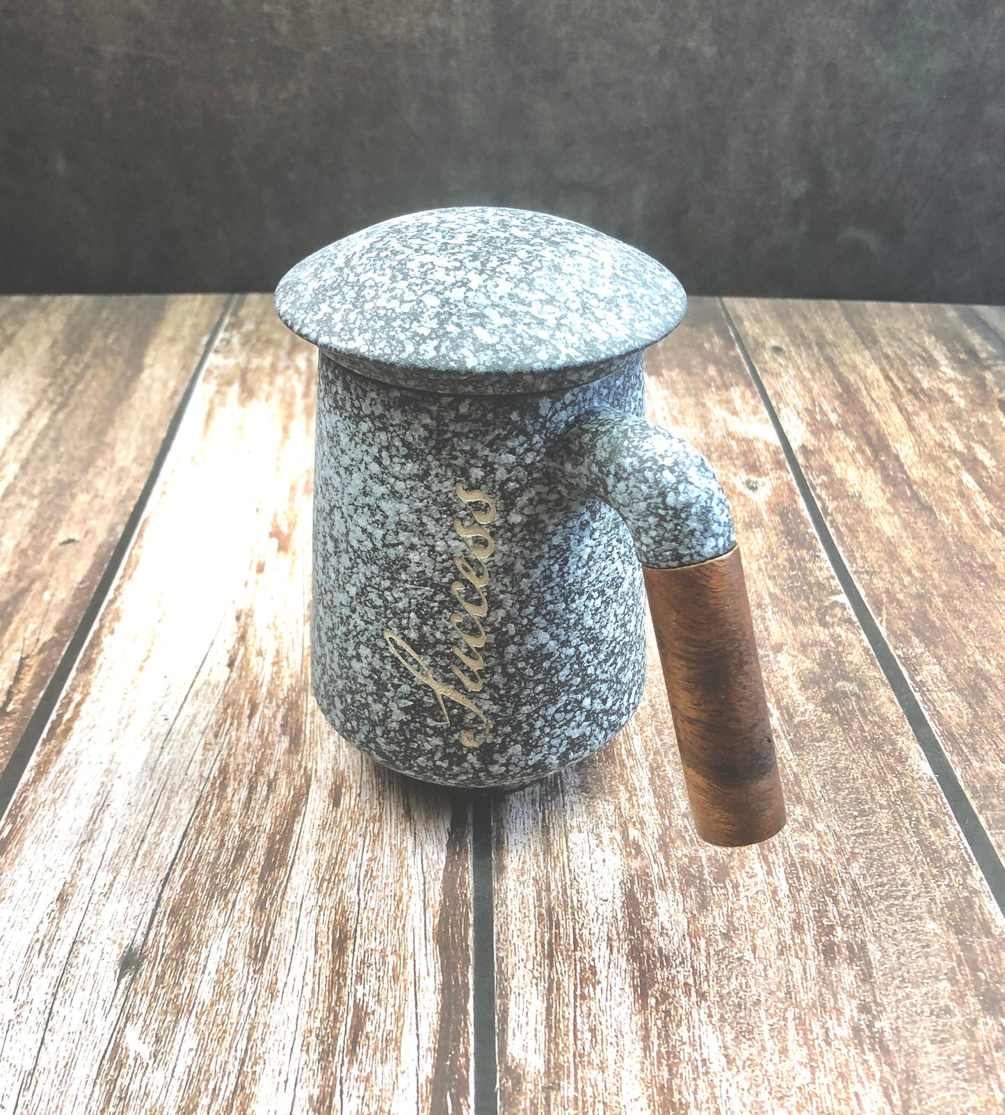 Ceramic two-in-one mug with wood handle and inspirational “Success” design