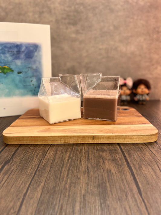Clear milk carton glass cup 350ml filled with milk on wooden table – borosilicate drinkware