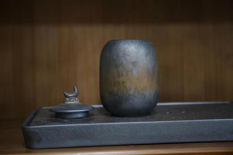 Handmade ceramic tea jar with moon lid – tea storage container with gold and silver glaze