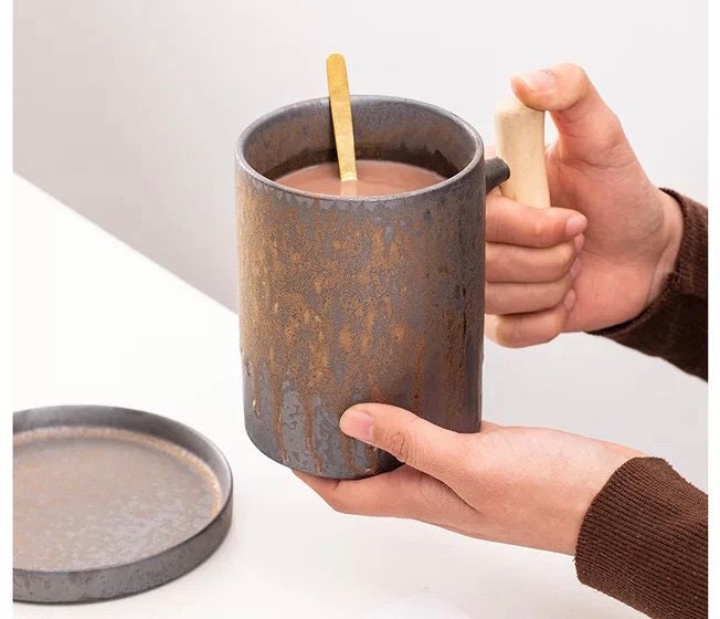 Japanese ceramic coaster silver rustic style plate paired with 20 oz silver mug while stirring tea or coffee – coaster and mug bundle set- Home Relax Studio