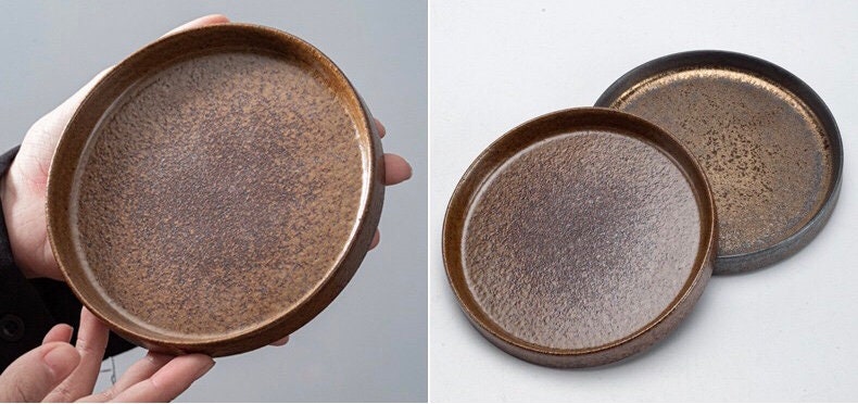Japanese ceramic coaster plate showing top view and underside glaze finish – tea and coffee cup dish_brown color