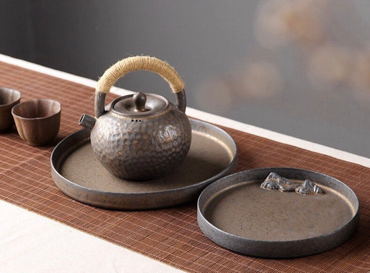Japanese ceramic tea tray with teapot and cups, silver tone finish, Karesansui style, by Home Relax Studio.