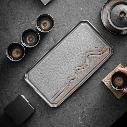 Rectangular Japanese style ceramic tea tray with engraved mountain and water motif_designed with natural gold glaze_peraonlizeable with your name or logo