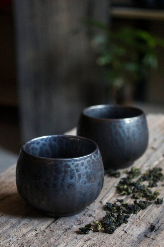 Retro bronze-style ceramic tea cups set of two oval shaped tea coffee sake wine cups on rustic surface – Home Relax Studio