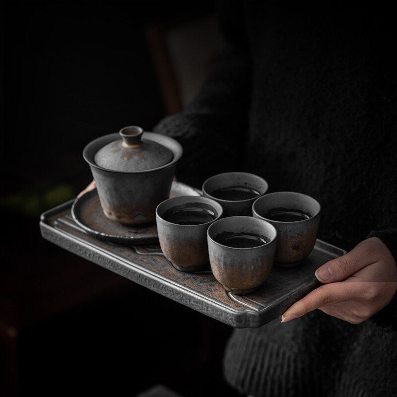Tea tray set with matching retro style silver gold glazed ceramic cups and teapot, perfect for tea ceremony