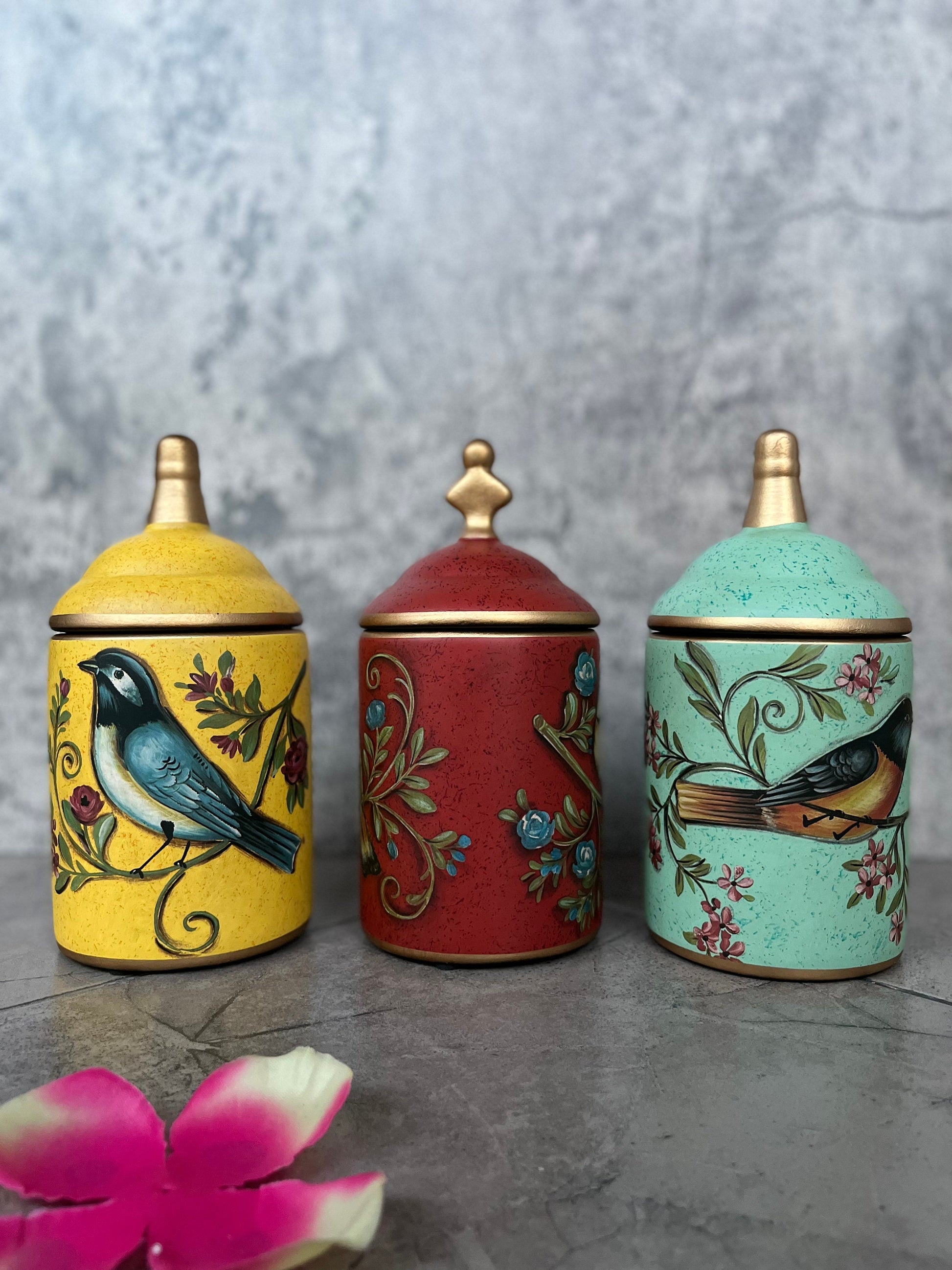 Three ceramic storage jars set with retro bird patterns, perfect kitchen gift