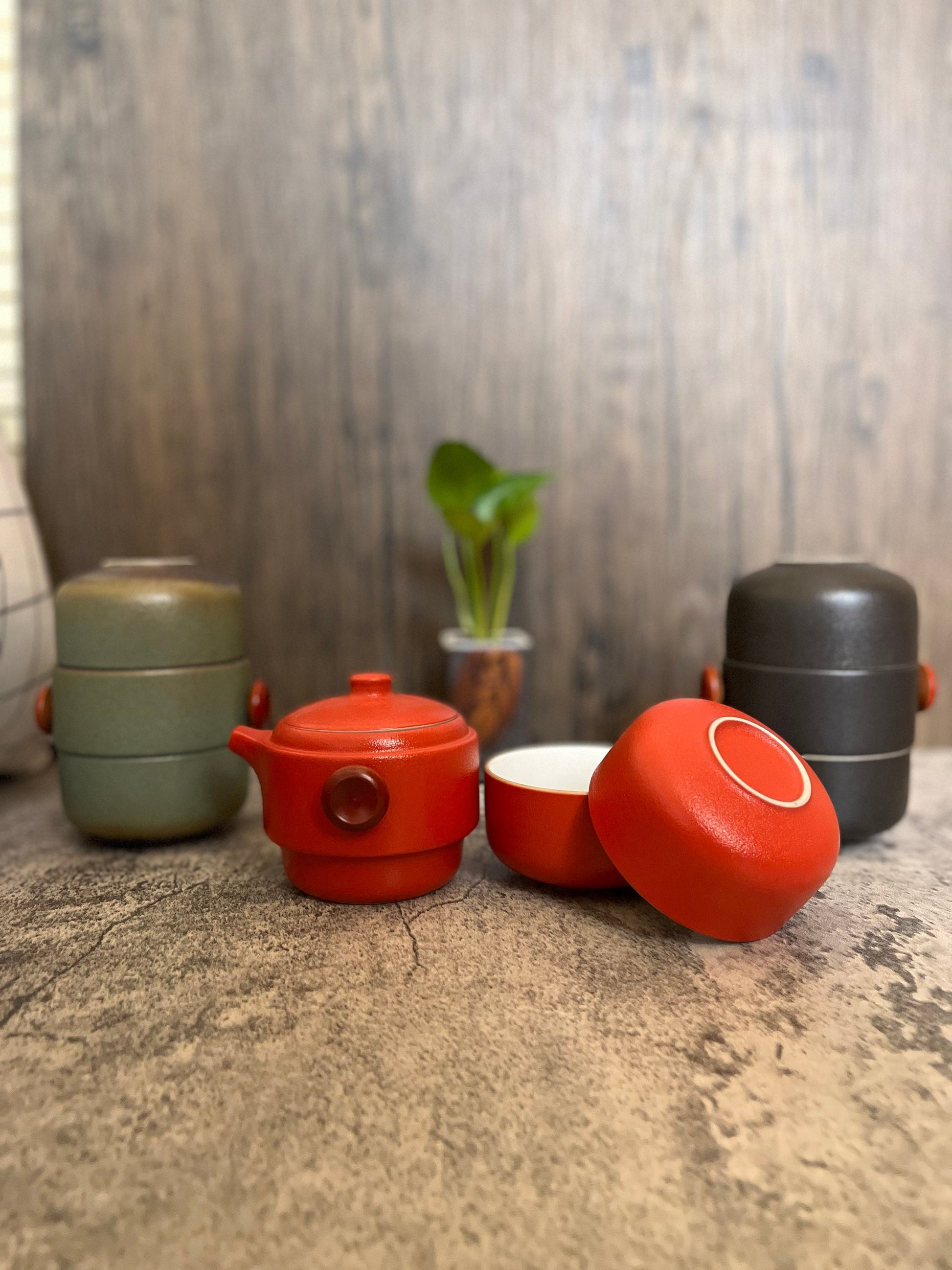 Vintage style ceramic tea set with teapot and two cups_displaying the 3 available color sets