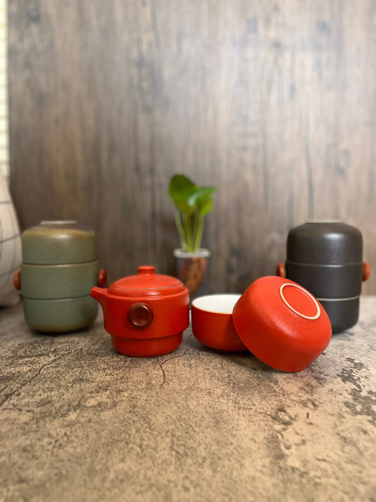 Vintage style ceramic tea set with teapot and two cups_displaying the 3 available color sets