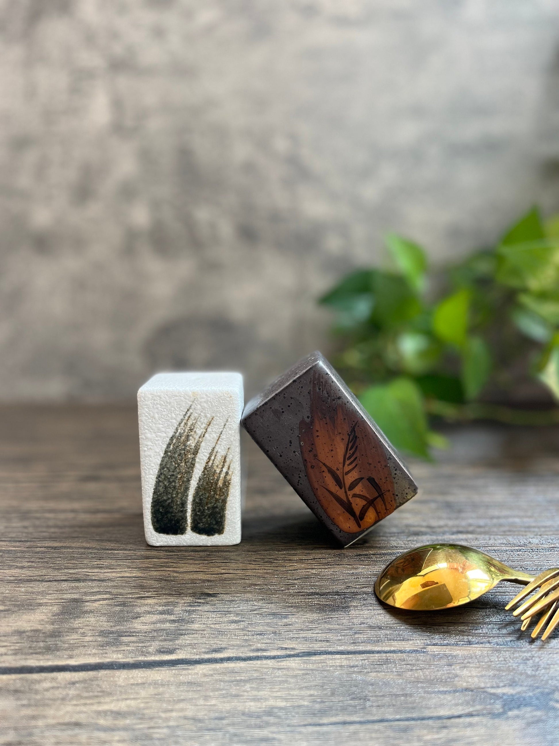 White and brown retro-style ceramic salt and pepper shakers with gold spoon on wooden table, by Home Relax Studio.