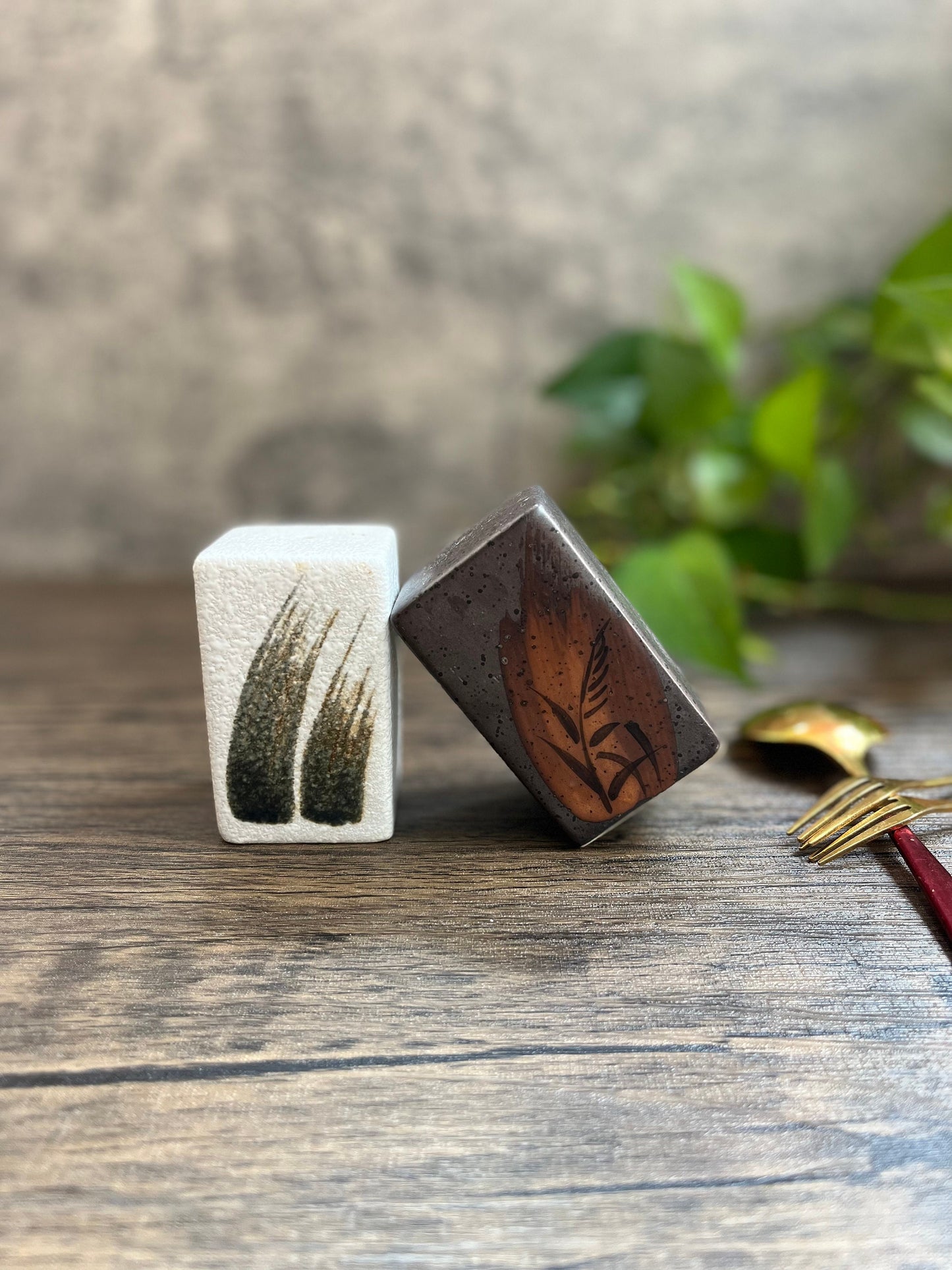 White ceramic salt shaker and brown pepper shaker side by side, minimal zen design.