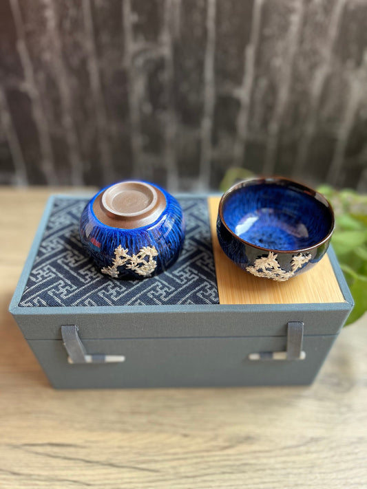 HRS Blue Ceramic Drink Cup Set with Embellished Decorations Gift Package Set Zen Gifts